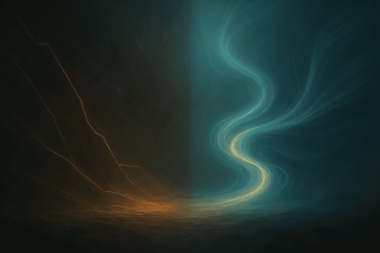 Abstract digital art showing a split scene: the left side is dark with orange streaks, while the right side glows with swirling blue and teal light, highlighting the striking difference and dynamic contrast at the center.