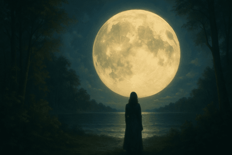 A person in a long dress stands by a lake at night, gazing at an enormous, glowing full moon that illuminates the surrounding trees and water—reminding them of memories the moon never forgets.