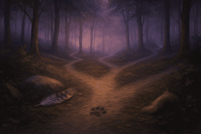 A misty forest at dusk with a path splitting into two directions. On the ground are a large totem feather, an animal paw print, a tuft of fur, and a mossy rock, with trees fading into the purple twilight.