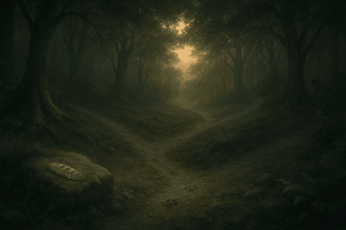 A forked forest path bathed in soft, golden light. Trees arch overhead and a stone with a carved leaf rests beside the trail, offering a tranquil, mysterious atmosphere—perfect for choosing your guide along this enchanting journey.