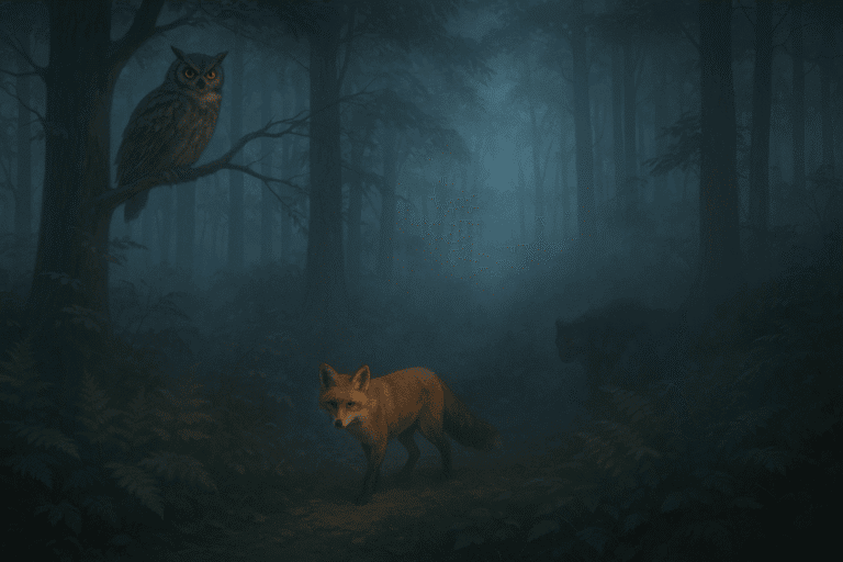 A red fox, the spirit animal of cunning, stands on a forest path at night. An owl perches above, while a shadowy panther archetype lurks in the mist among tall trees and ferns. Discover the mysteries hidden in the dark woods.