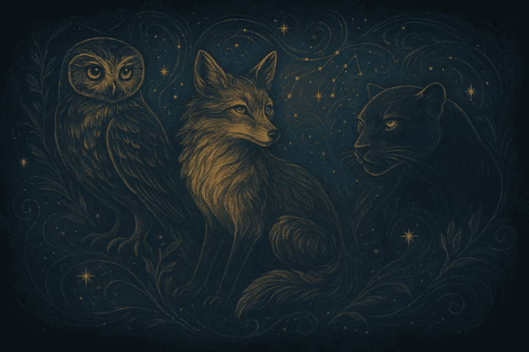 A celestial sketch of an owl, fox, and panther woven into a night sky, with swirling stars and soft glowing lines.